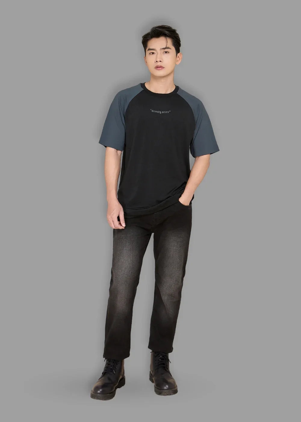 Áo Thun Raglan Phối Màu Seventy Seven 03 Đen Đen Xám - YaMe.vn