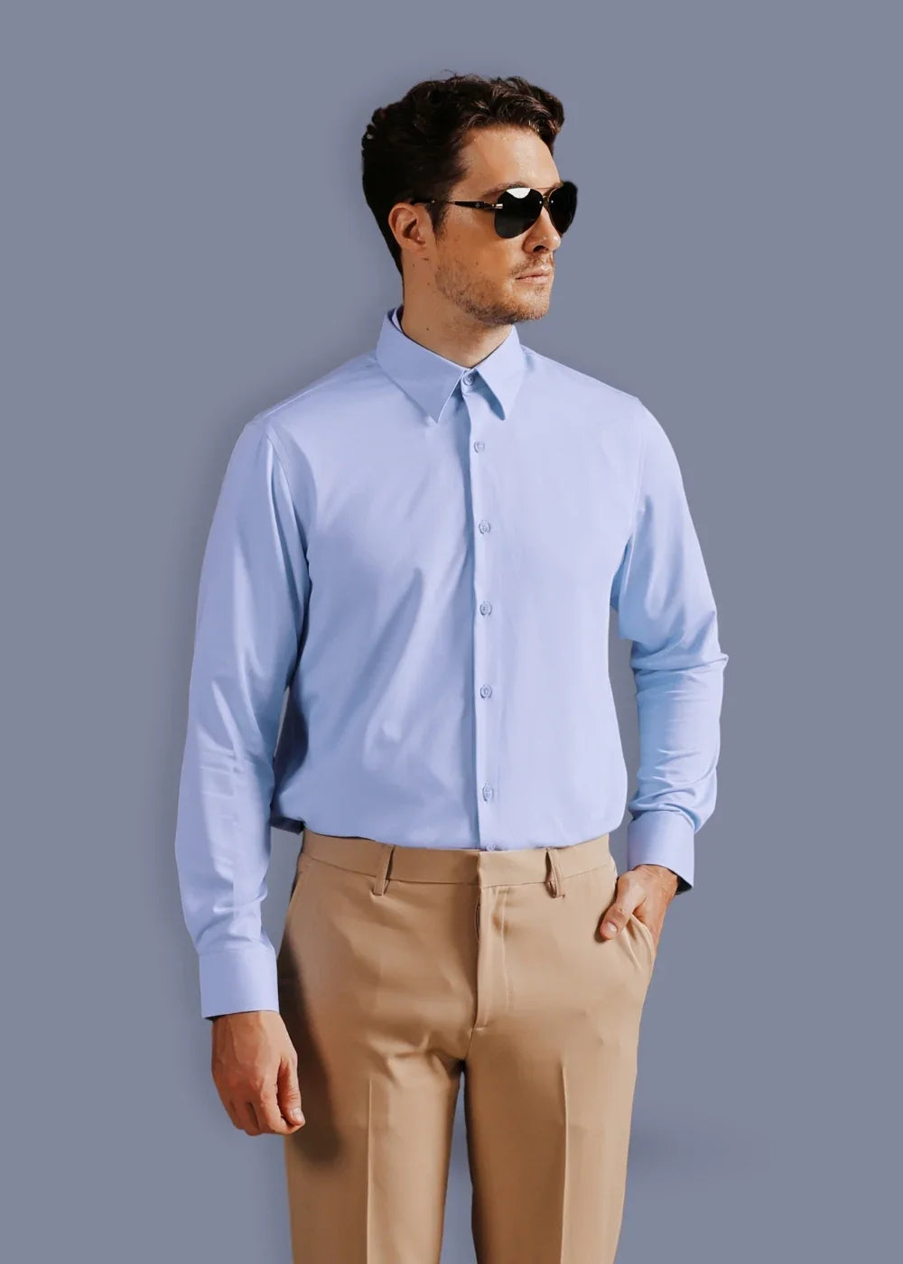 Áo Sơ Mi Tay Dài Vải Ngải Cứu Kháng Khuẩn The CEO 001 Xanh Dương Nhạt - YaMe.vn