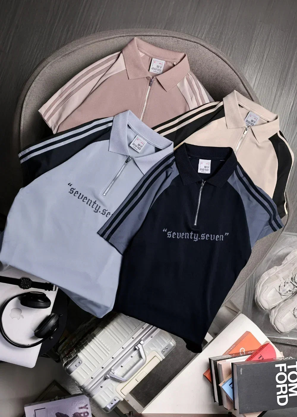 Áo Polo Cổ Khóa Kéo Vải Pique Thoáng Khí Seventy Seven 18 Xám Đen - YaMe.vn