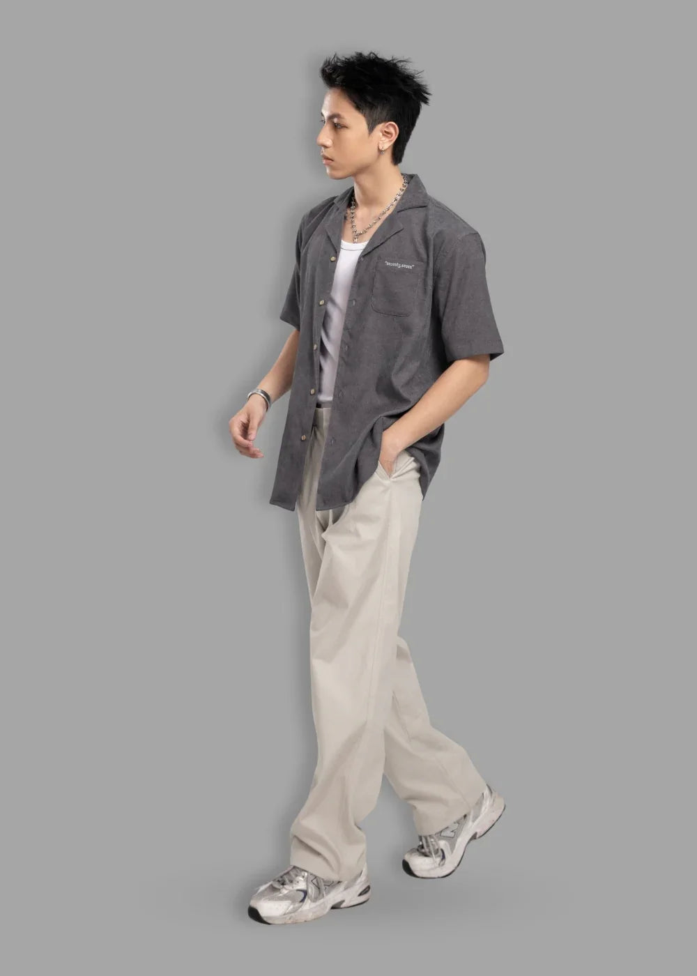 Áo Sơ Mi Cuban Corduroy Ít Nhăn Seventy Seven 23 Xám Đậm - YaMe.vn