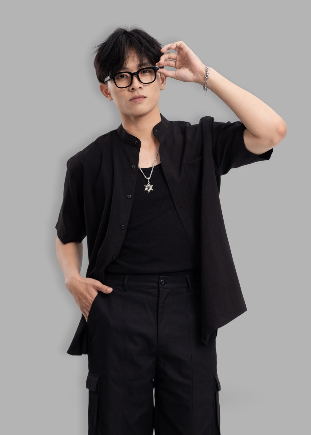 Áo Sơ Mi Cổ Trụ Linen Thoáng mát Seventy Seven 24 Đen