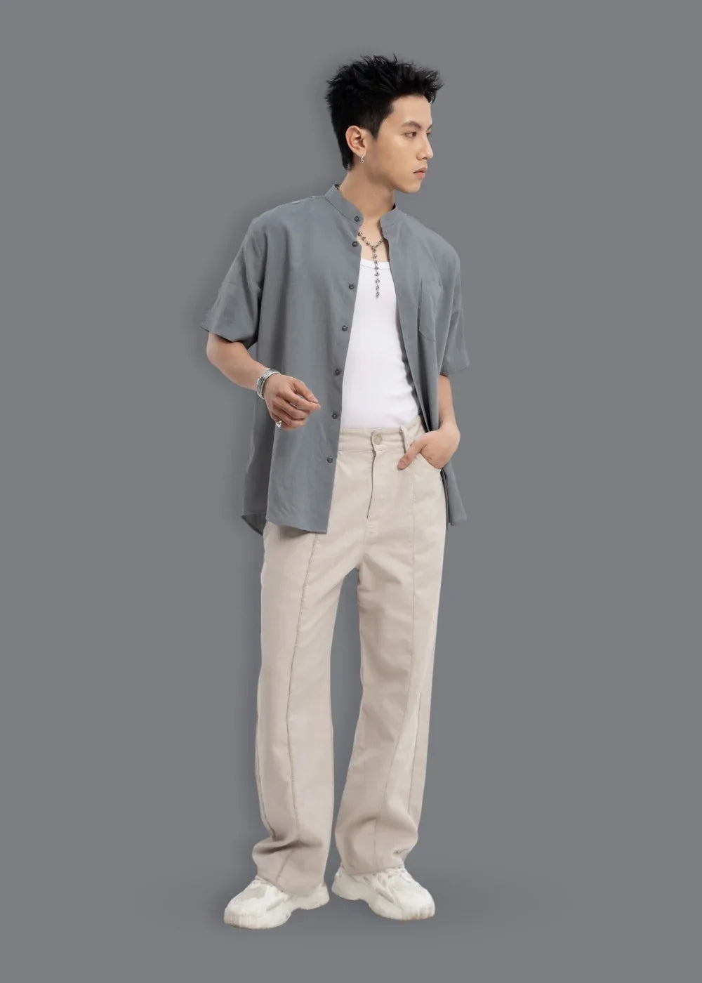Áo Sơ Mi Cổ Trụ Linen Thoáng mát Seventy Seven 24 Xám - YaMe.vn