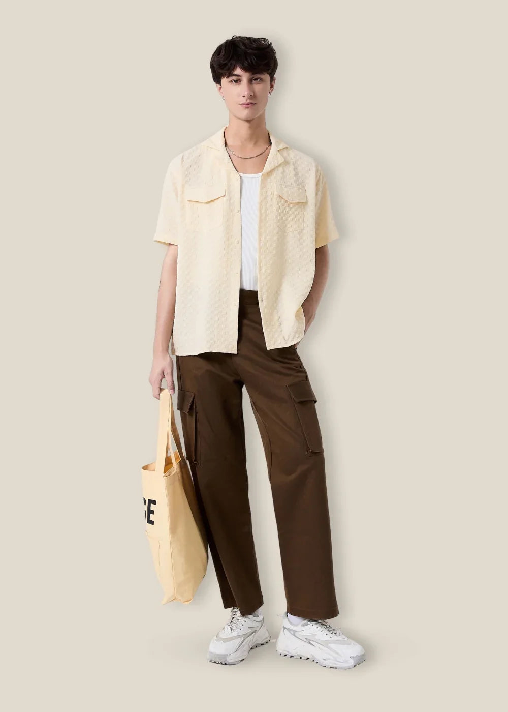 Áo Sơ Mi Cuban Họa Tiết Nổi Co Giãn No Style M82 Be - YaMe.vn