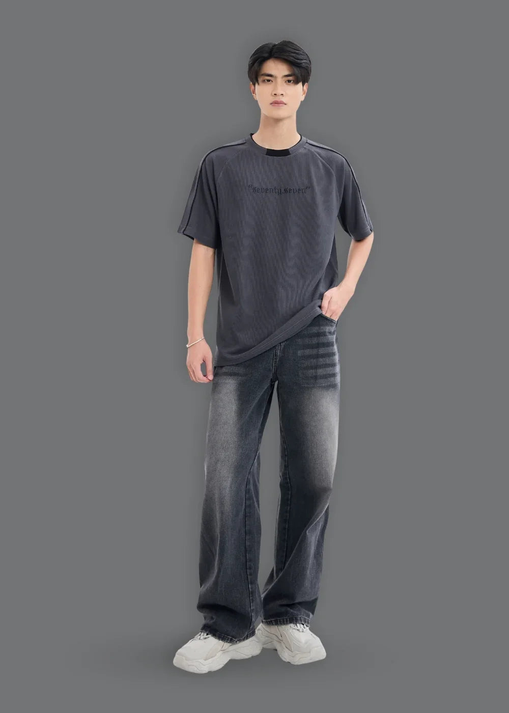 Áo Thun Tay Ngắn Vải Ribbing Co Giãn Seventy Seven 45 Xám Đậm - YaMe.vn