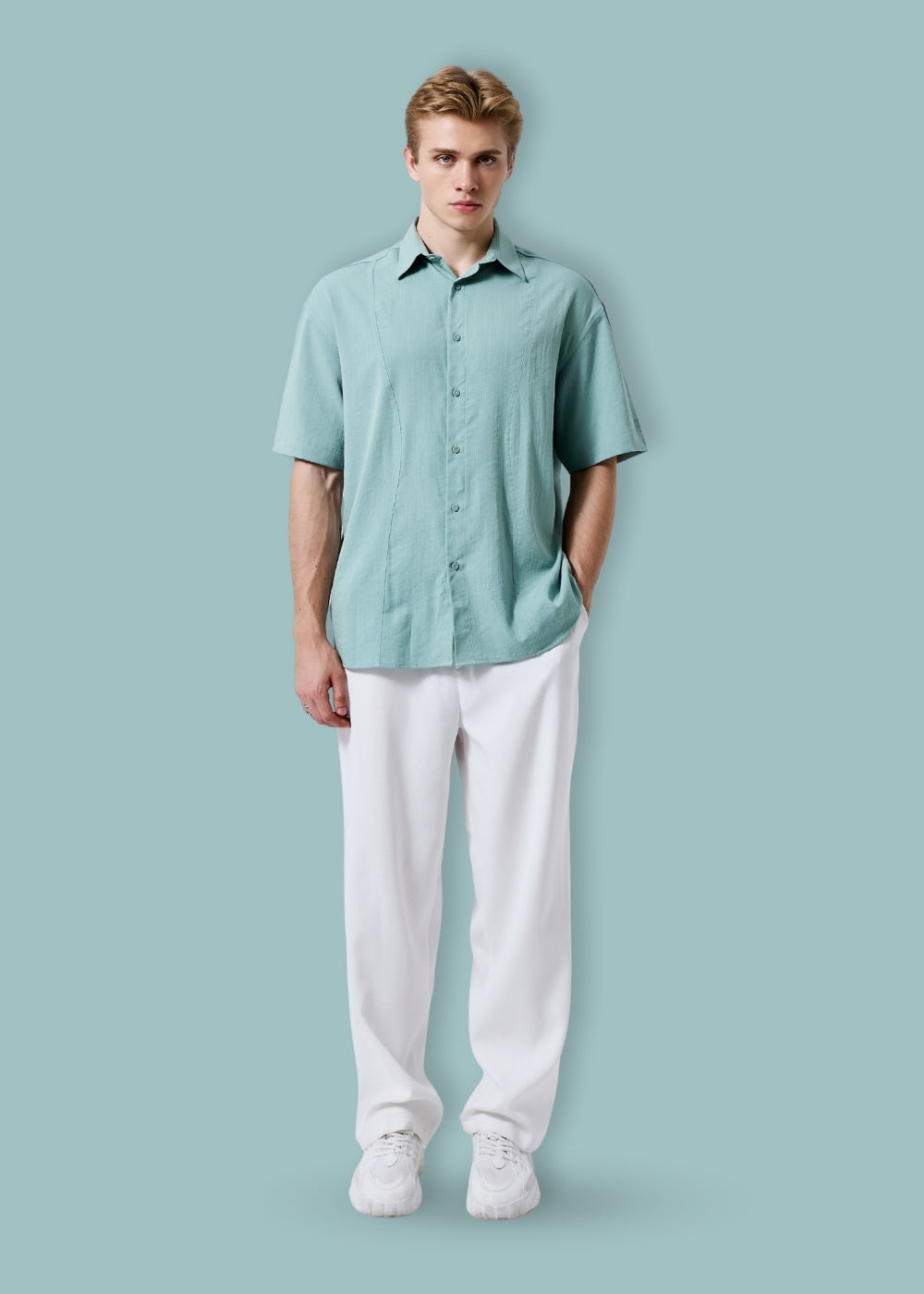 Áo Sơ Mi Hiệu Ứng Linen Ít Nhăn No Style M117 Xanh Đá