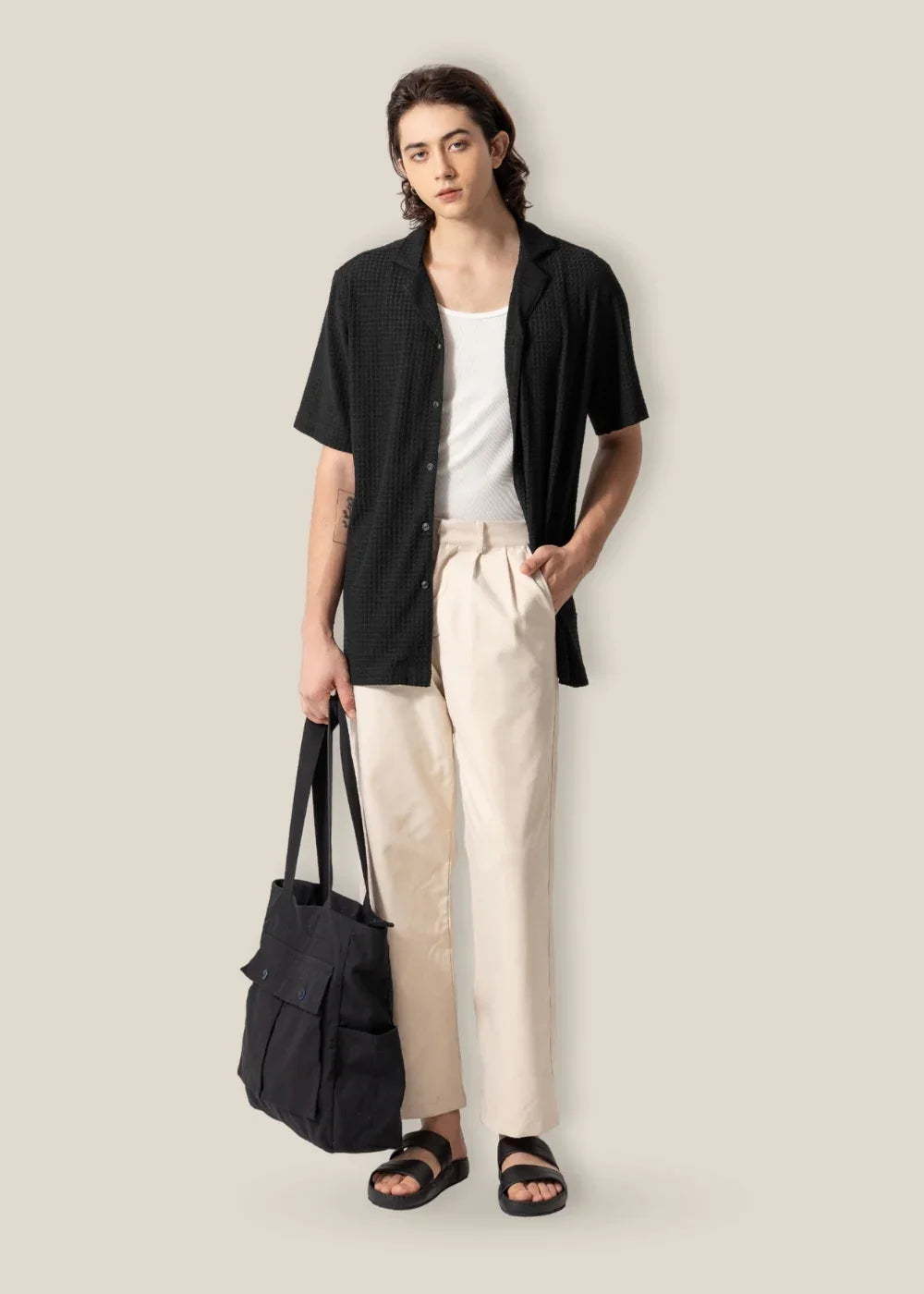 Áo Sơ Mi Cuban Họa Tiết Nổi Thoáng Mát No Style M145 Đen - YaMe.vn