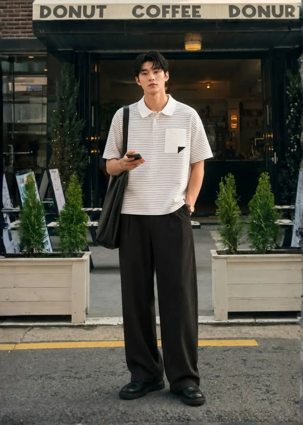 Áo Thun Cổ Polo FlexFit™ Sọc Boxy Vải Co Giãn Túi Xếp Origami The No Style 245 Màu Trắng 11 Dáng Hộp F5