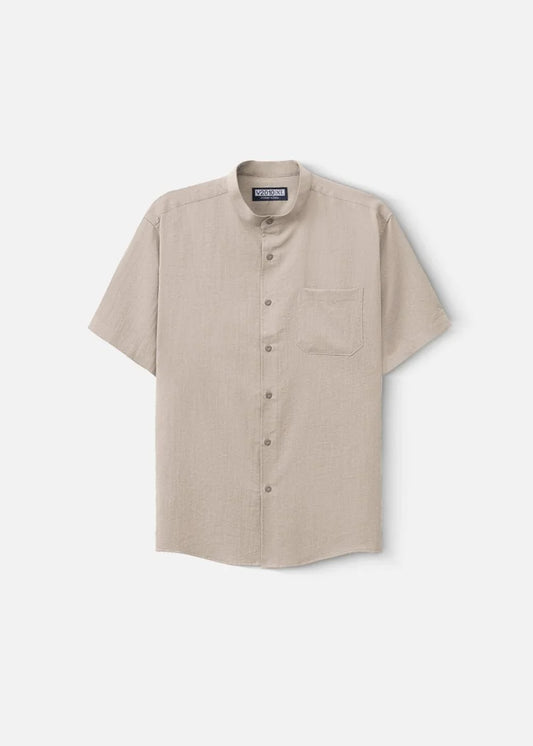 Áo Sơ Mi Cổ Trụ Linen Thoáng mát Seventy Seven 24 Nâu Nhạt - YaMe.vn