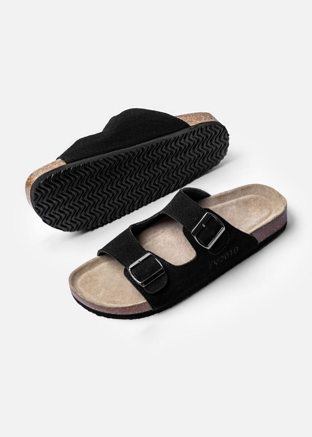 Dép Đế Trấu Two-strap Slides Da Suede Mềm #Y2010 A003 Đen - YaMe.vn