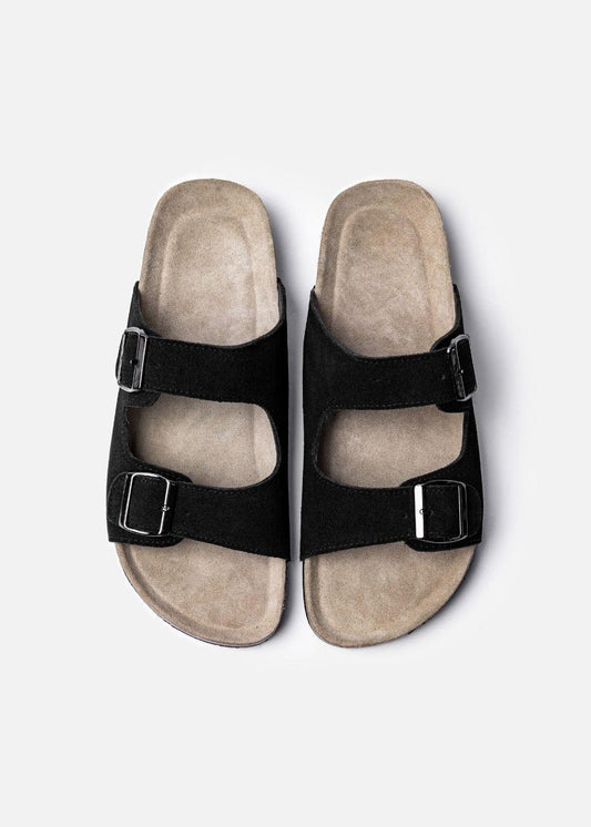Dép Đế Trấu Two-strap Slides Da Suede Mềm #Y2010 A003 Đen - YaMe.vn