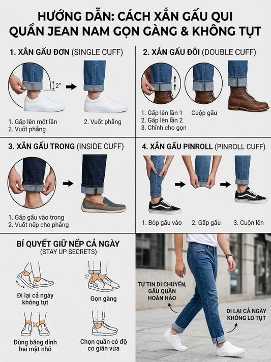 Cách xắn gấu quần jean nam gọn gàng, đi lại cả ngày không bị tụt.
