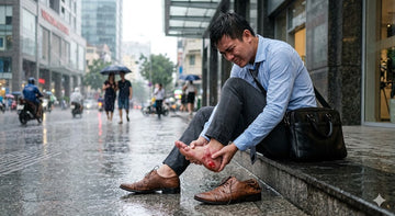 Mang giày tây thắt dây lỏng lẻo dẫm bùn sút gót, gập mép giày đau gót chân.