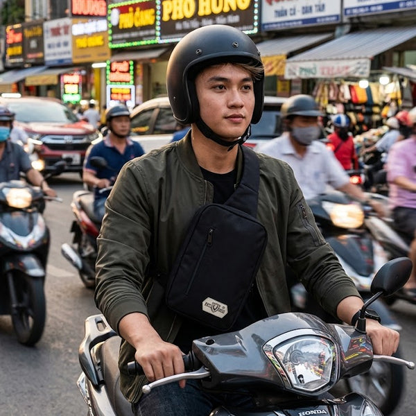 Túi đeo trước ngực đi xe máy móc đồ lẹ, không vướng víu tay lái.