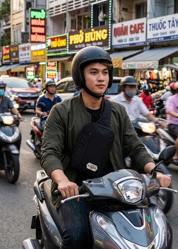 Túi đeo trước ngực đi xe máy móc đồ lẹ, không vướng víu tay lái.