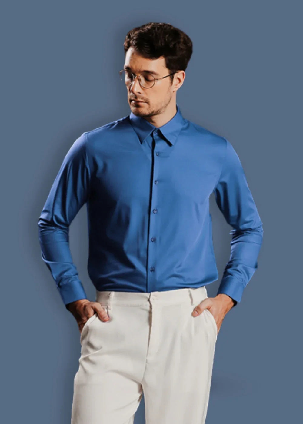 Áo Sơ Mi Tay Dài Vải Ngải Cứu Kháng Khuẩn The CEO 001 Xanh Dương - YaMe.vn