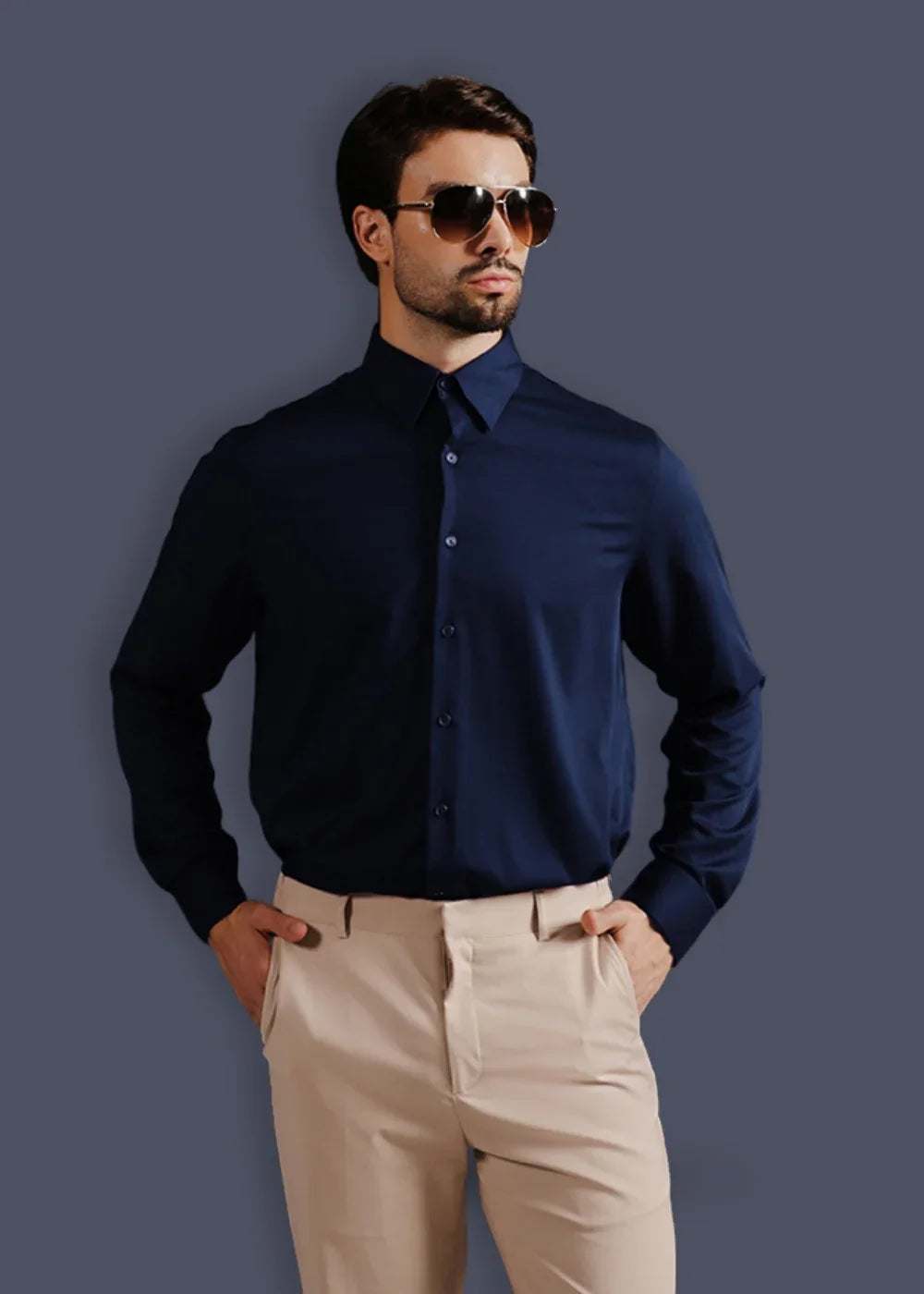 Áo Sơ Mi Tay Dài Vải Ngải Cứu Kháng Khuẩn The CEO 001 Xanh Dương Đậm - YaMe.vn