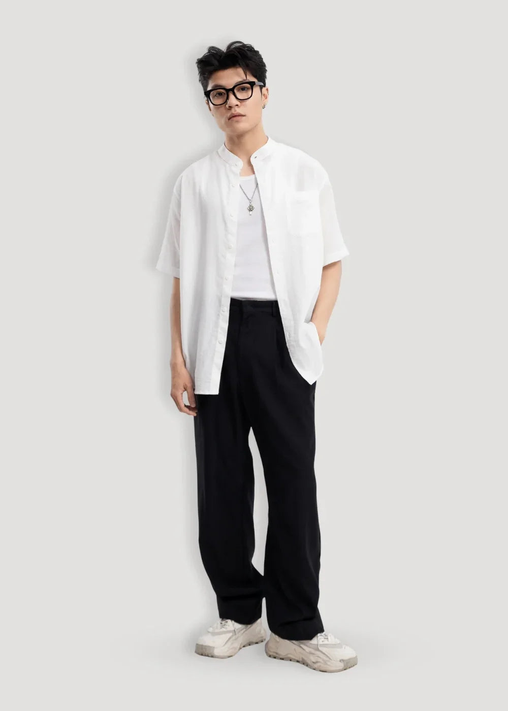 Áo Sơ Mi Cổ Trụ Linen Thoáng mát Seventy Seven 24 Trắng - YaMe.vn