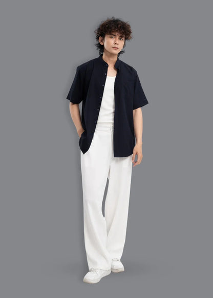 Áo Sơ Mi Cổ Trụ Linen Thoáng mát Seventy Seven 24 Xanh Dương Đậm - YaMe.vn