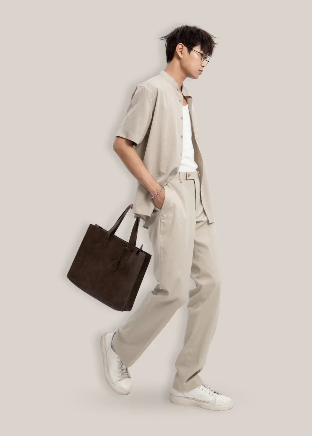 Áo Sơ Mi Cổ Trụ Linen Thoáng mát Seventy Seven 24 Nâu Nhạt - YaMe.vn