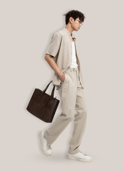 Áo Sơ Mi Cổ Trụ Linen Thoáng mát Seventy Seven 24 Nâu Nhạt - YaMe.vn