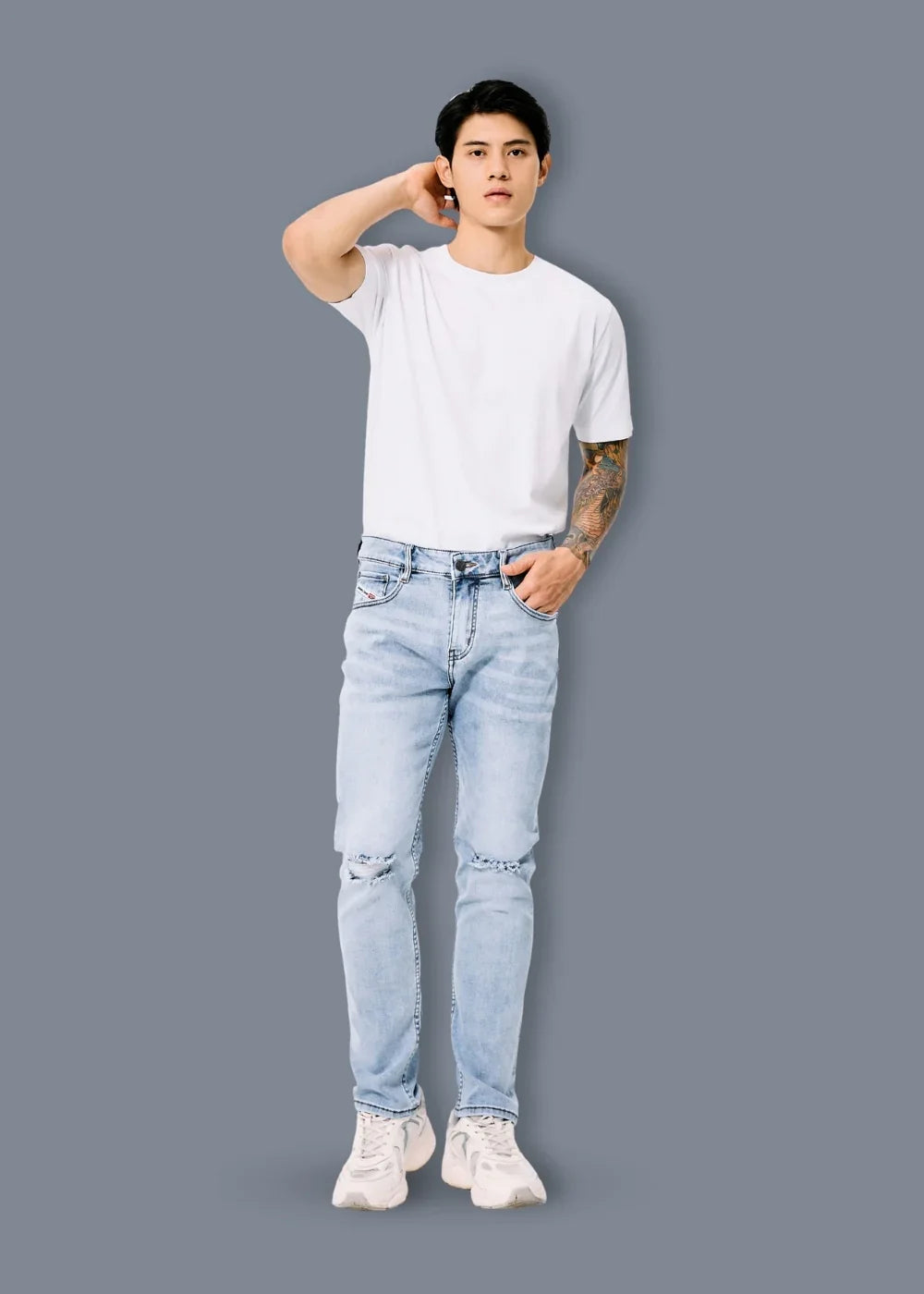 Quần Jeans Slimfit Rách Gối Co Giãn The Original M052 Xanh Dương Nhạt - YaMe.vn