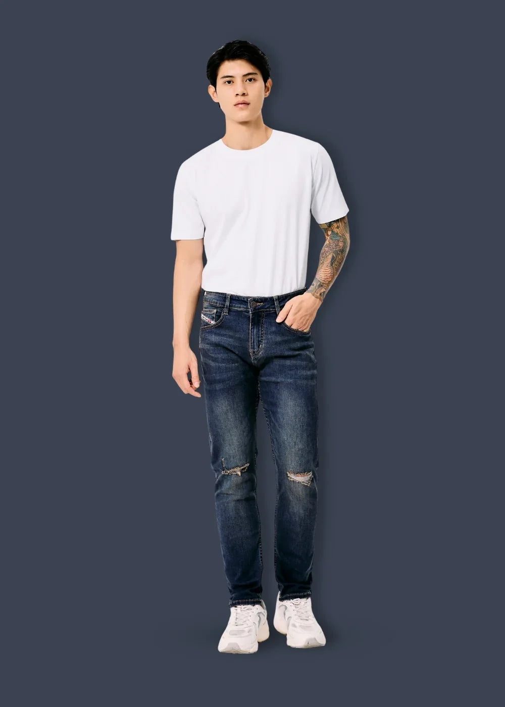 Quần Jeans Slimfit Rách Gối Co Giãn The Original M052 Xanh Dương Đậm - YaMe.vn