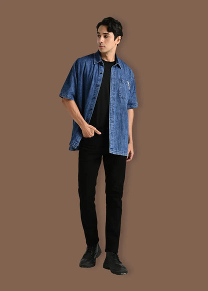 Áo Sơ Mi Jean Tay Ngắn Mềm Oversized The Original 002 Xanh Dương - YaMe.vn