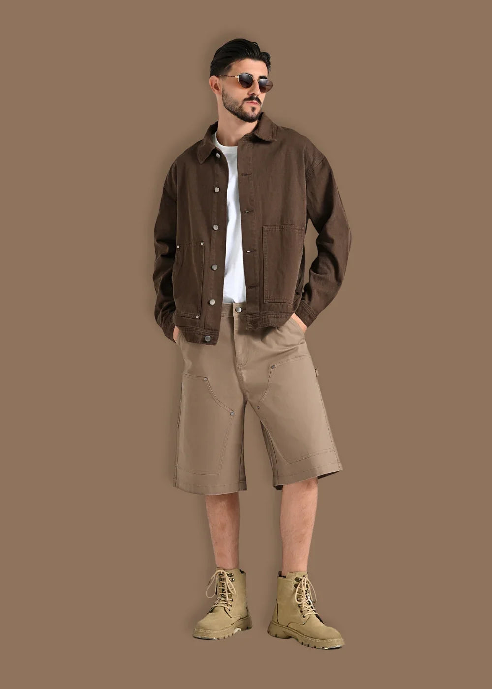 Quần Jean Short Loose Fit Nhiều Túi Multi-Color Jean 013 Nâu Nhạt - YaMe.vn