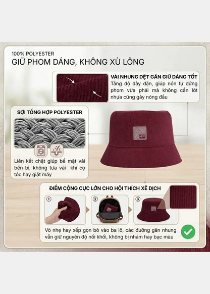 Nón Bucket Corduroy Bền Bỉ 77 048 Màu Đỏ Đậm