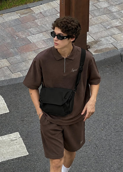 Áo Polo Cổ Khóa Kéo Tiện Lợi FlexFit™ Vải Dệt Vân Nổi Lạ Mắt The No Style 128 Màu Nâu Đậm Dáng Rộng Rãi F4