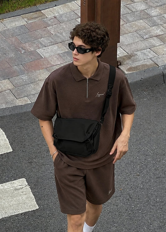 Áo Polo Cổ Khóa Kéo Tiện Lợi FlexFit™ Vải Dệt Vân Nổi Lạ Mắt The No Style 128 Màu Nâu Đậm Dáng Rộng Rãi F4