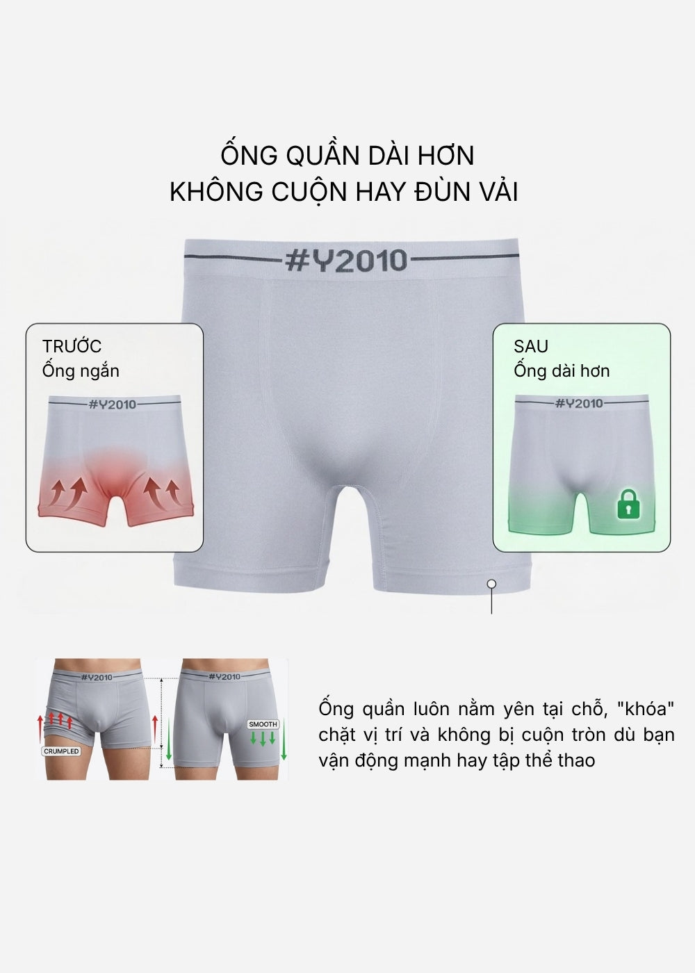 Quần Lót Boxer Dài Seamless FlexFit™ Dệt Khối Không Hằn Da Beginner 082 Màu Xám Nhạt