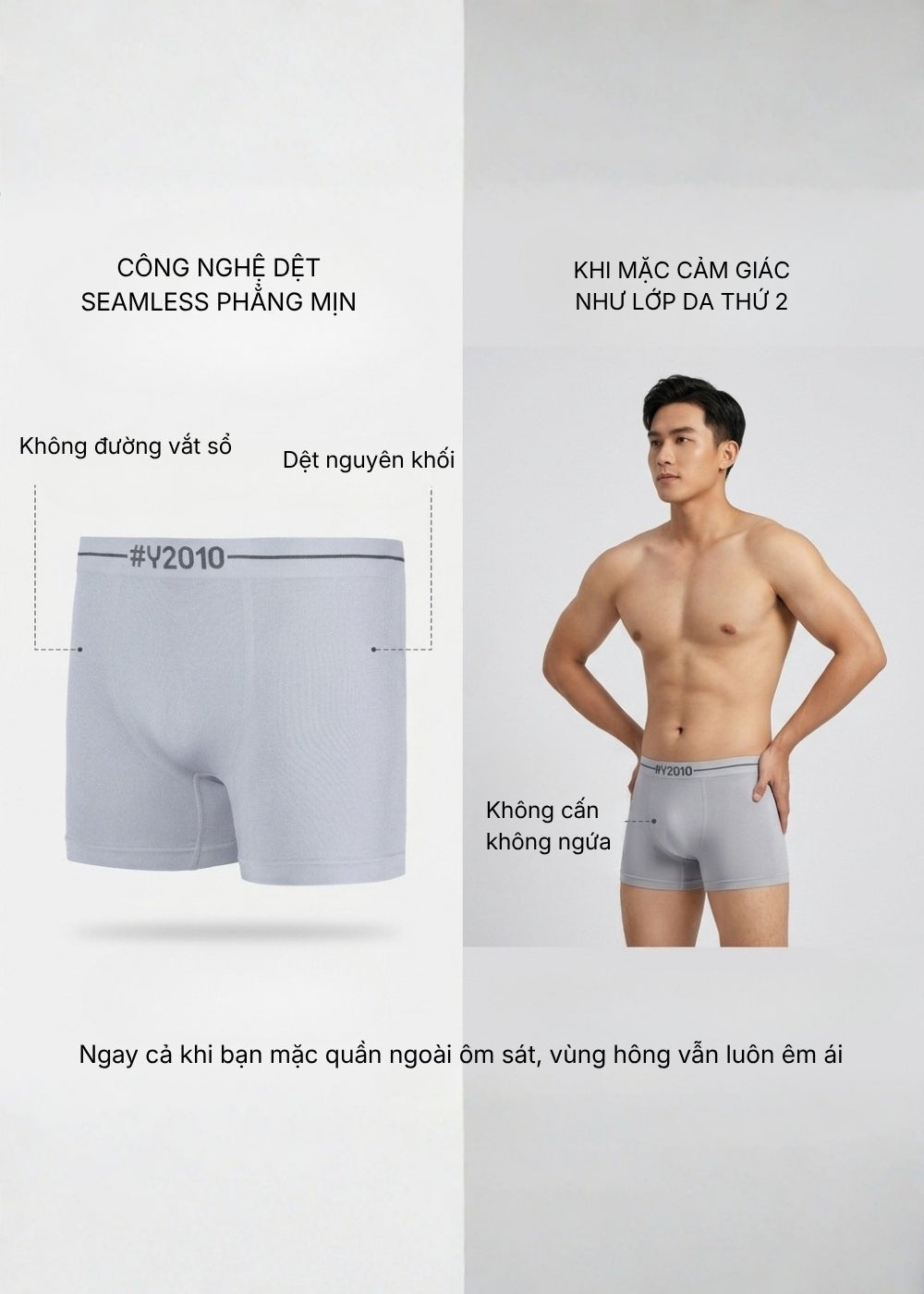 Quần Lót Boxer Dài Seamless FlexFit™ Dệt Khối Không Hằn Da Beginner 082 Màu Xám Nhạt