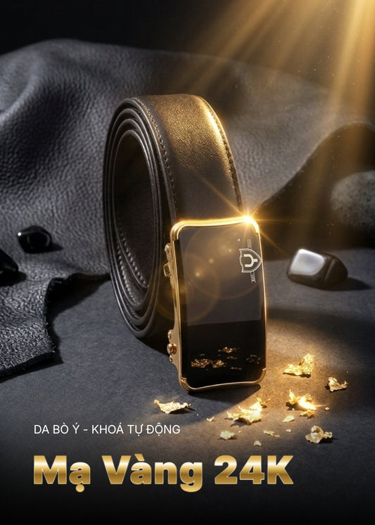 Dây Nịt Da Bò Ý Khóa Tự Động Hợp Kim Mạ Vàng 24K Kim Bảo 022 Màu Đen