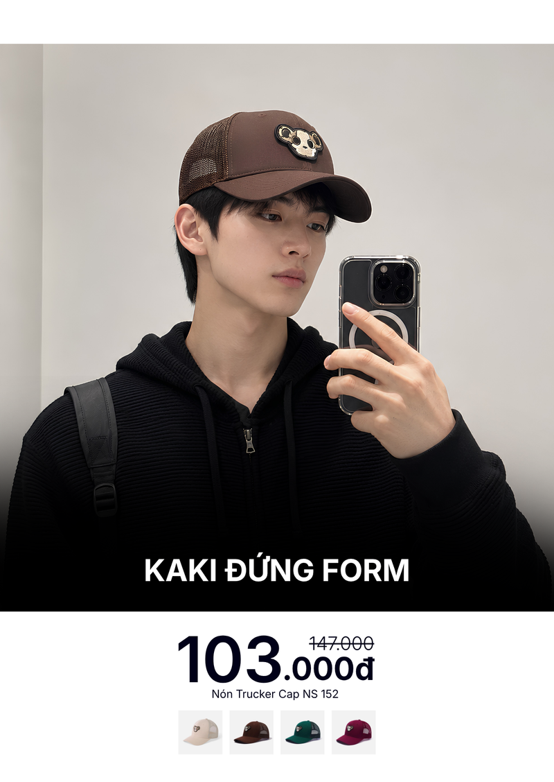 Nón Trucker Cap Kaki Đứng Form NS 152 Nâu Đậm