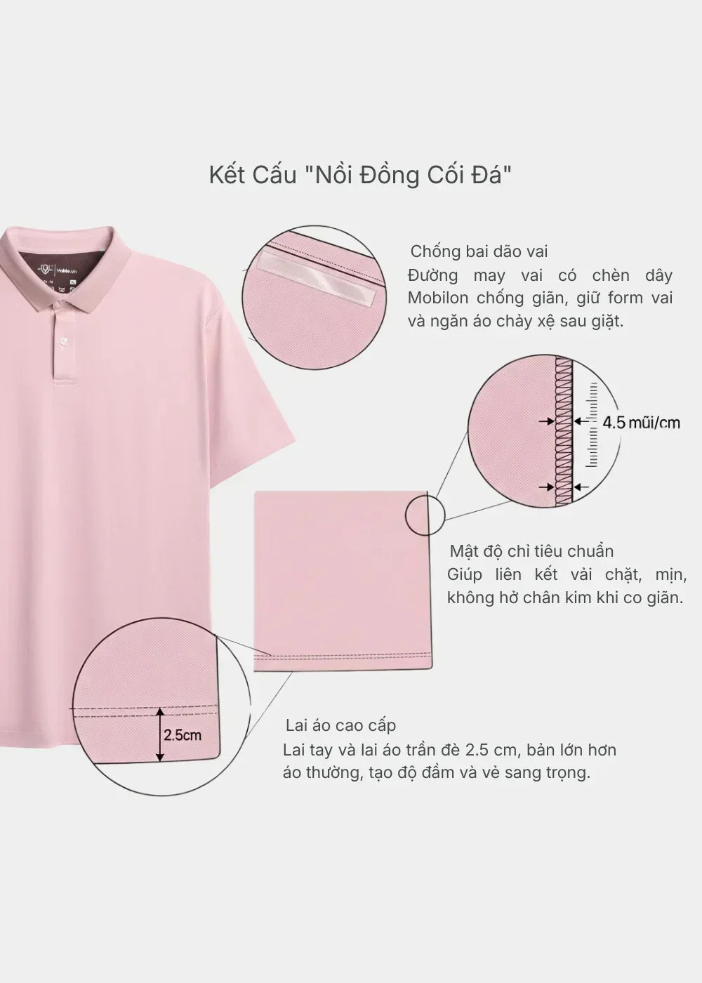 Áo Polo Pique Slim Fit ColorLock™ Khóa Màu Phối Đô Non Branded 056 Hồng