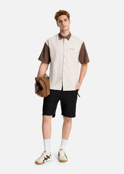 Áo Sơ Mi Tay Ngắn Vải Nhung Corduroy Retro Ít Nhăn Seventy Seven 022 Nâu Nhạt