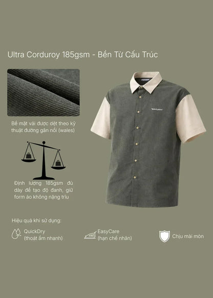 Áo Sơ Mi Tay Ngắn Nhung Tăm Cổ Điển DurableTex™ Vải Bền Chắc Seventy Seven 022 Màu Nâu Nhạt Dáng Rộng Rãi F4