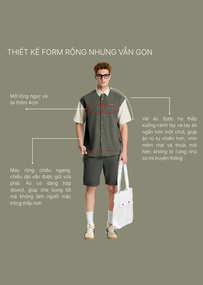 Áo Sơ Mi Tay Ngắn Nhung Tăm Cổ Điển DurableTex™ Vải Bền Chắc Seventy Seven 022 Màu Nâu Nhạt Dáng Rộng Rãi F4