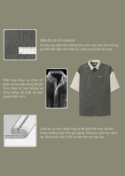 Áo Sơ Mi Tay Ngắn Nhung Tăm Cổ Điển DurableTex™ Vải Bền Chắc Seventy Seven 022 Màu Nâu Nhạt Dáng Rộng Rãi F4