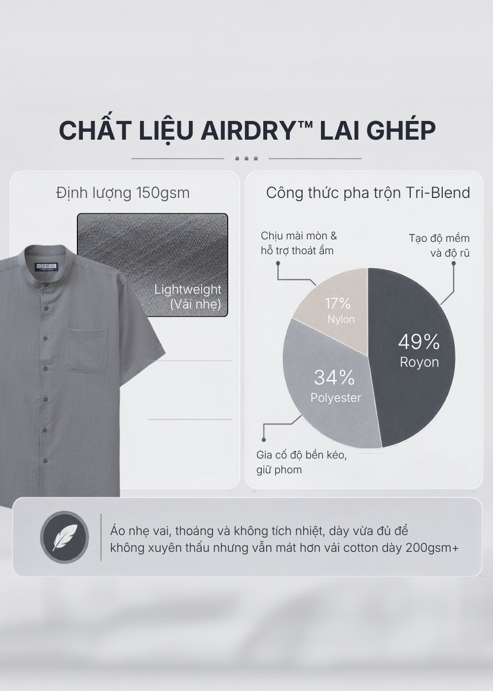 Áo Sơ Mi Tay Ngắn AirDry™ Cổ Trụ Thoáng Mồ Hôi Mát Như Vải Đũi  Seventy Seven 024 Màu Đen Dáng Vừa Vặn F3