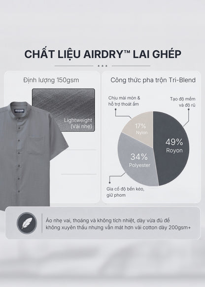 Áo Sơ Mi Tay Ngắn AirDry™ Cổ Trụ Thoáng Mồ Hôi Mát Như Vải Đũi  Seventy Seven 024 Màu Đen Dáng Vừa Vặn F3