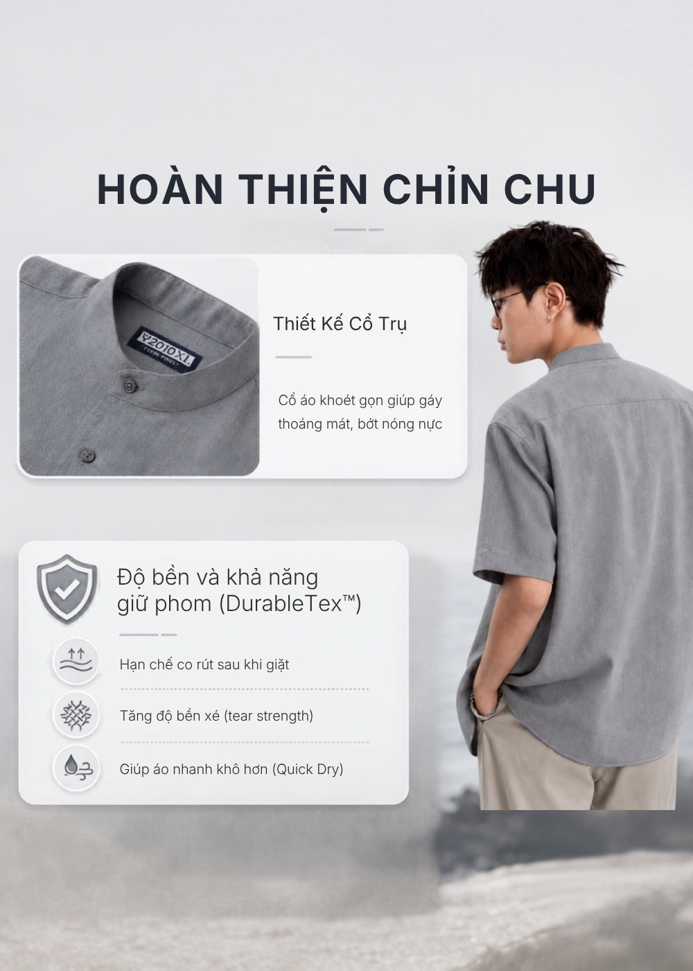 Áo Sơ Mi Tay Ngắn AirDry™ Cổ Trụ Thoáng Mồ Hôi Mát Như Vải Đũi  Seventy Seven 024 Màu Đen Dáng Vừa Vặn F3