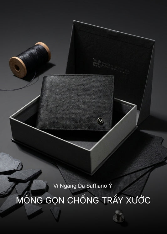 Ví Ngang Da Saffiano Ý Mỏng Gọn Chống Trầy Xước Tài Lộc 003 Màu Đen