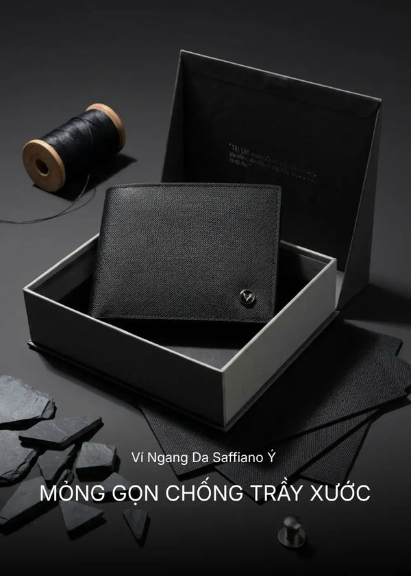 Ví Ngang Da Saffiano Ý Mỏng Gọn Chống Trầy Xước Tài Lộc 003 Màu Đen