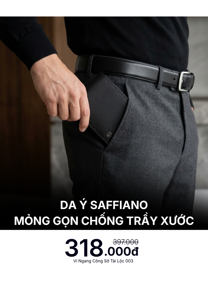 Ví Ngang Da Saffiano Ý Mỏng Gọn Chống Trầy Xước Tài Lộc 003 Màu Đen