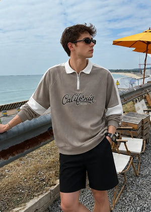 Áo Thun Cổ Polo Sweater Cổ Khóa Kéo The No Style 038 Màu Xám Đậm Dáng Rộng Rãi F4
