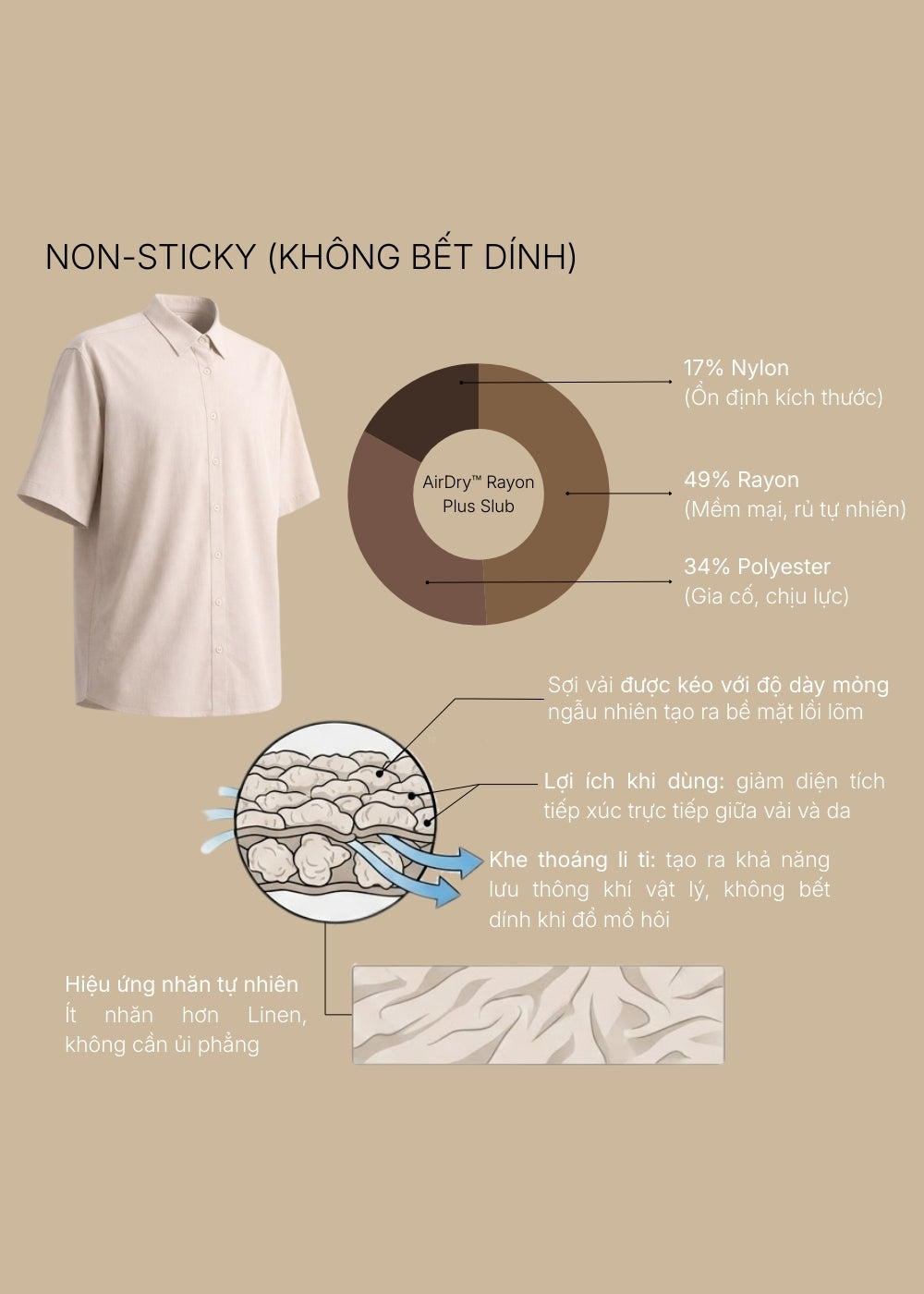 Áo Sơ Mi Tay Ngắn AirDry™ Thoáng Khí Ít Nhăn The No Style 117 Nâu Nhạt