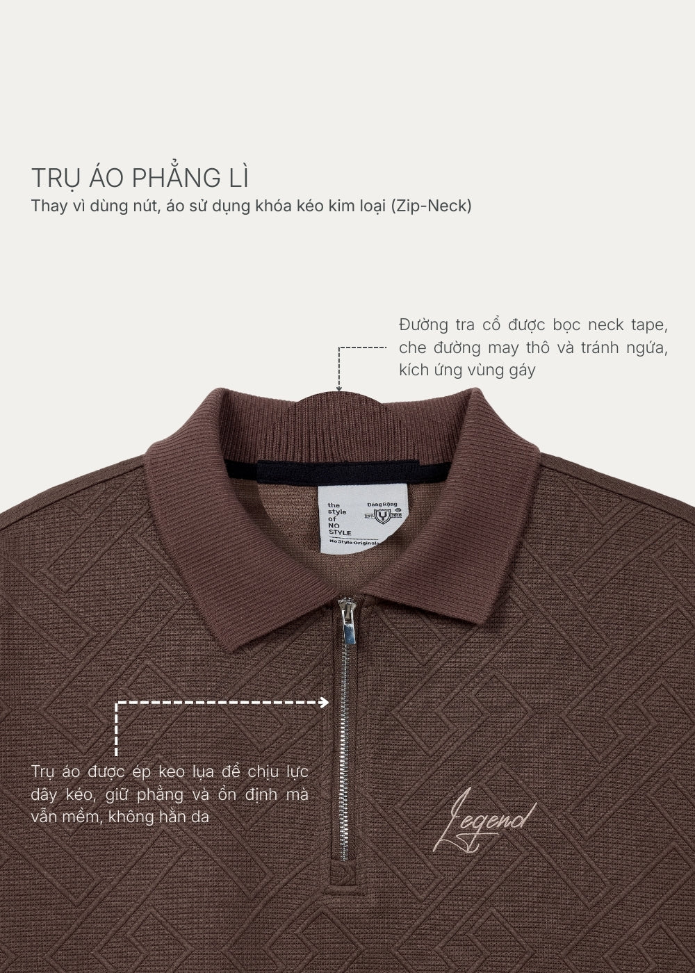 Áo Polo Cổ Khóa Kéo Tiện Lợi FlexFit™ Vải Dệt Vân Nổi Lạ Mắt The No Style 128 Màu Nâu Đậm Dáng Rộng Rãi F4