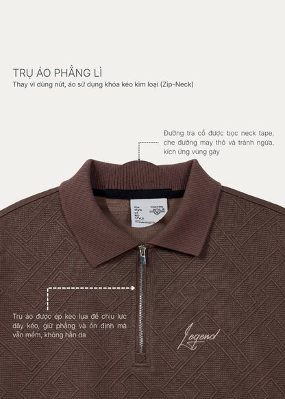 Áo Polo Cổ Khóa Kéo Tiện Lợi FlexFit™ Vải Dệt Vân Nổi Lạ Mắt The No Style 128 Màu Nâu Đậm Dáng Rộng Rãi F4